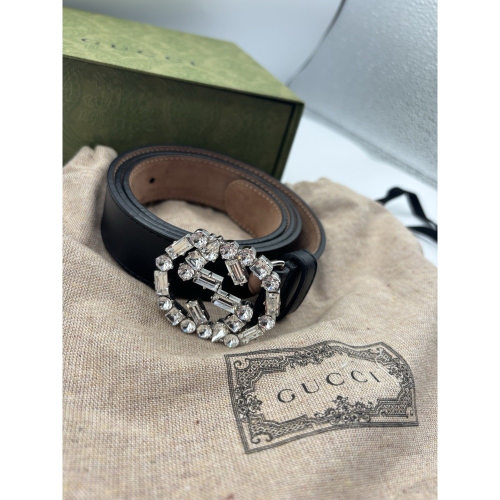 Gucci‎ Authentic Crystal Interlocking G Black Leather Logo Belt 85.34 Made Italy - Picture 2 of 10